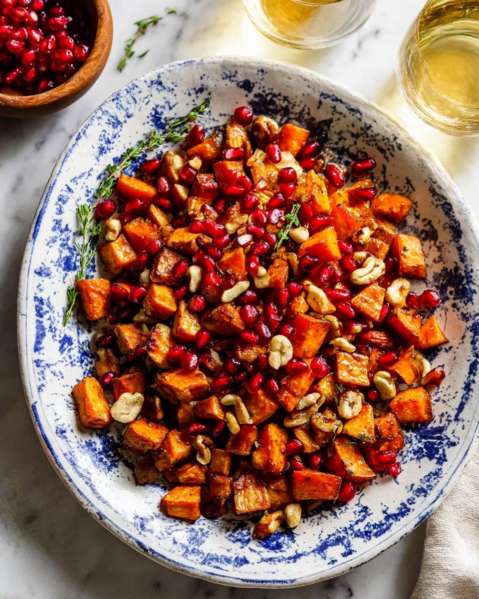 A white plate is full of three main layers: the bottom layer is roasted orange sweet potato chunks with a slightly crispy, caramelized texture; on top, there are scattered creamy light brown hazelnut pieces, some whole and some chopped; and mixed throughout are shiny red pomegranate seeds. Small green herb sprigs are sprinkled over everything, adding a touch of fresh color. The plate sits on a white marbled surface with a soft, natural light highlighting the textures and colors, photo taken with an iphone --ar 4:5 --v 7
