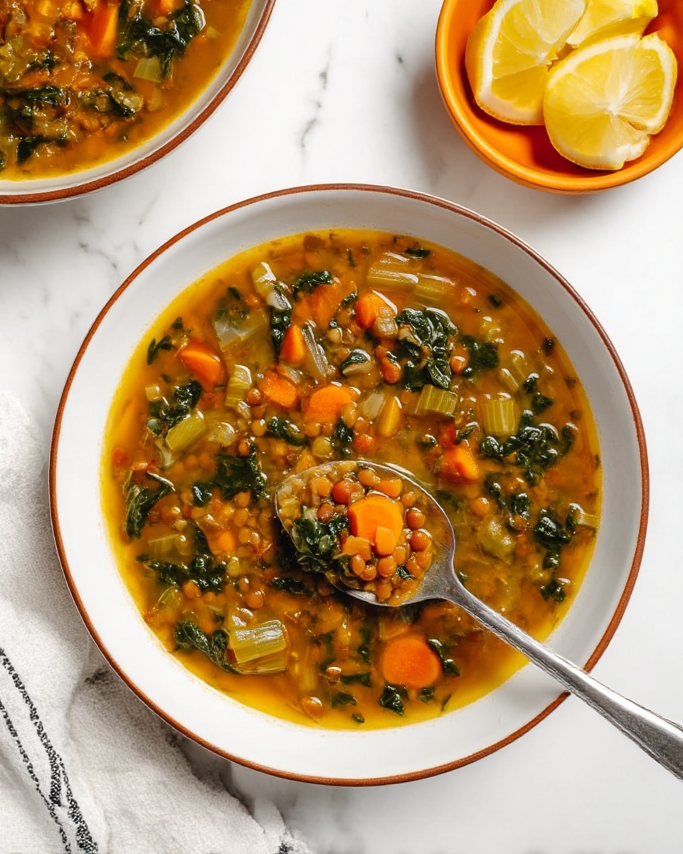 A white bowl with a thin brown rim is filled with a thick soup containing bright orange carrot pieces, light green celery chunks, dark green kale bits, and small brown lentils evenly mixed in a warm golden broth. A silver spoon rests inside the bowl, holding a small scoop of the soup showing the varied colors and textures of the vegetables. To the side, there is a small orange bowl with lemon wedges, placed on a white marbled surface. The corner of a white cloth with black stripes is visible near the bowl. Photo taken with an iphone --ar 4:5 --v 7