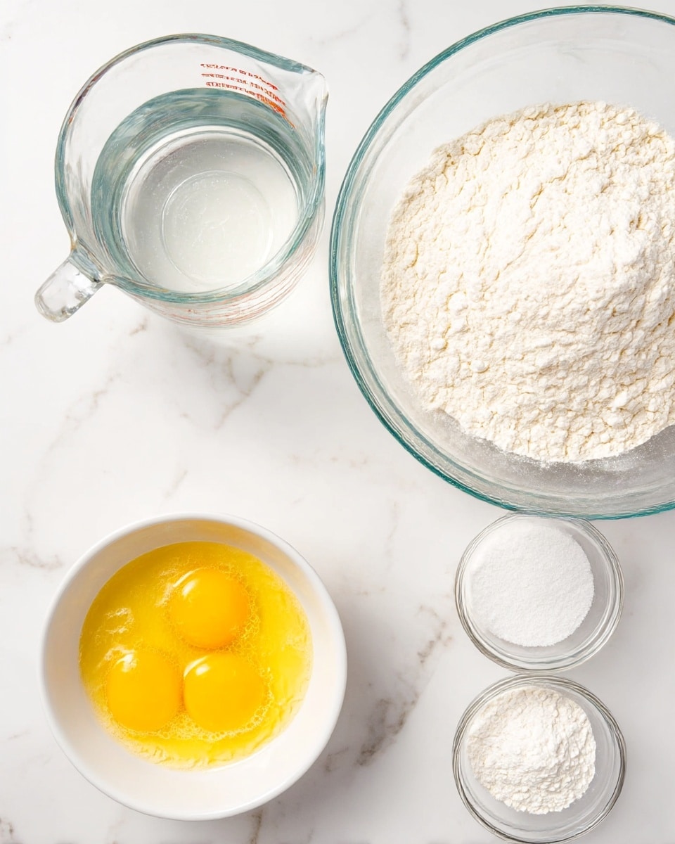 The image shows several bowls arranged on a white marbled surface. In the top right, a large clear glass bowl is filled with white flour, showing a soft and powdery texture. To the left, a clear glass measuring cup holds clear water. Below the water, a small white bowl contains three bright yellow egg yolks with smooth, glossy surfaces. Next to it, another white bowl holds melted butter with a golden yellow color and some foam on top. At the bottom right, there is a small clear glass cup filled with white powder, likely salt or baking powder. Photo taken with an iphone --ar 4:5 --v 7