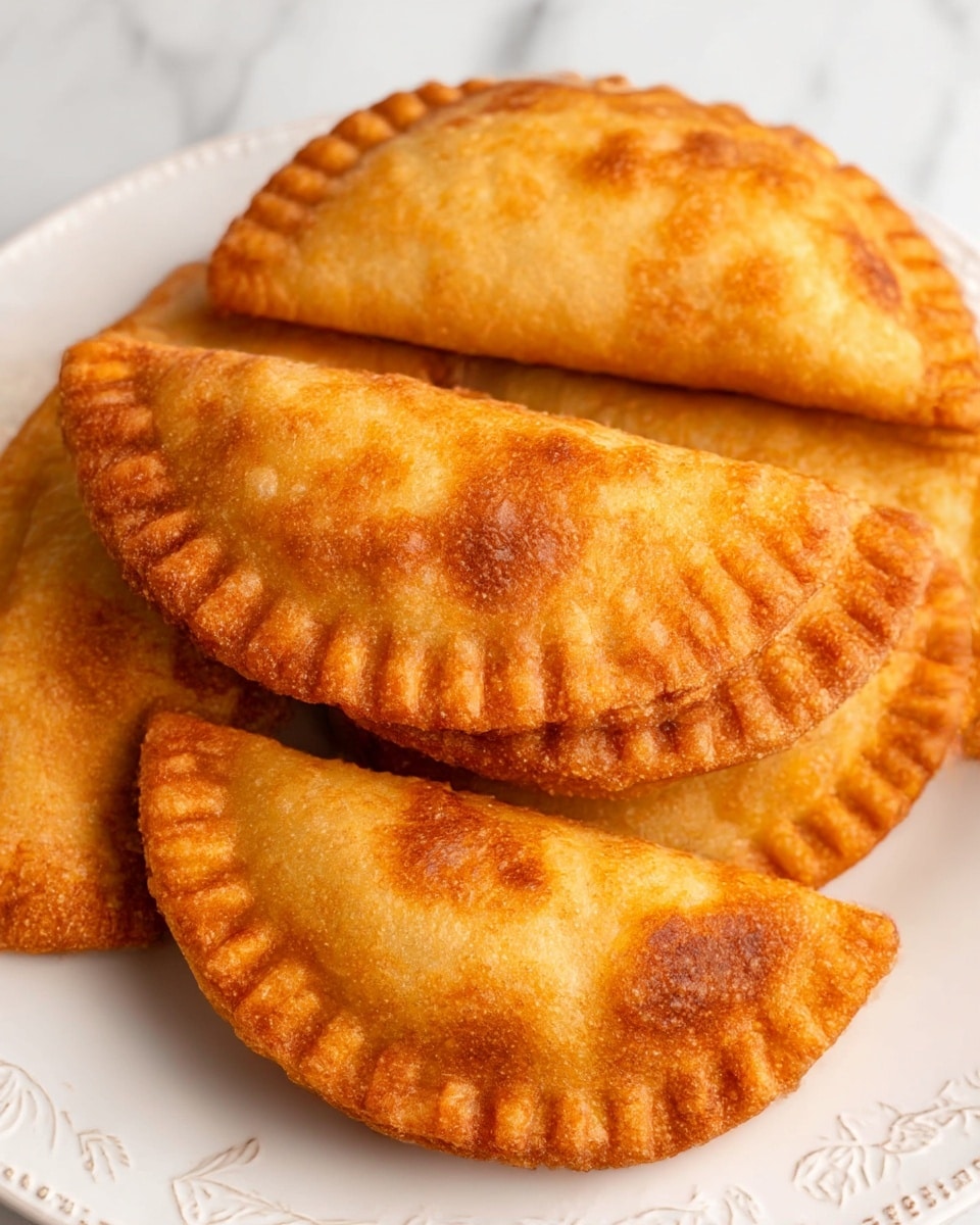 A close-up view of five golden brown fried pastries stacked slightly unevenly on a white plate with a subtle decorative pattern on the edge. Each pastry is half-moon shaped with crimped edges that have a slightly darker tint, showing a textured, bubbly, and crisp surface with some darker spots from frying. The pastries have a warm orange-brown color with areas of deeper browning, giving a crunchy and flaky appearance. The background features a white marbled texture. photo taken with an iphone --ar 4:5 --v 7