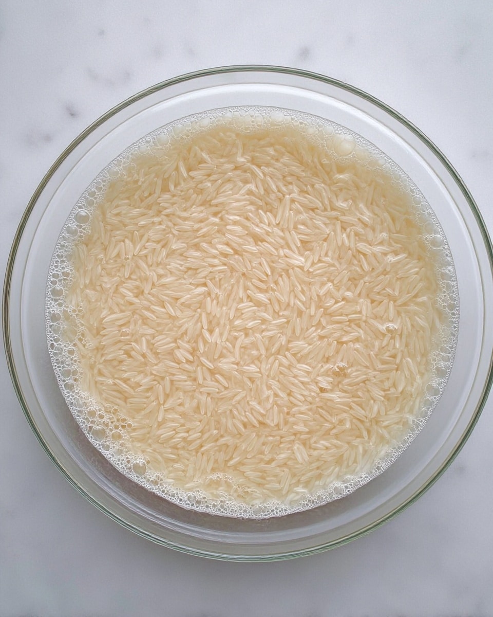 A clear glass bowl filled with soaking rice submerged in slightly cloudy water. The rice grains are long and pale, spread evenly across the bottom of the bowl with a thin layer of water sitting on top. Small bubbles cling close to the edge of the water inside the bowl. The bowl is placed on a white marbled surface. photo taken with an iphone --ar 4:5 --v 7