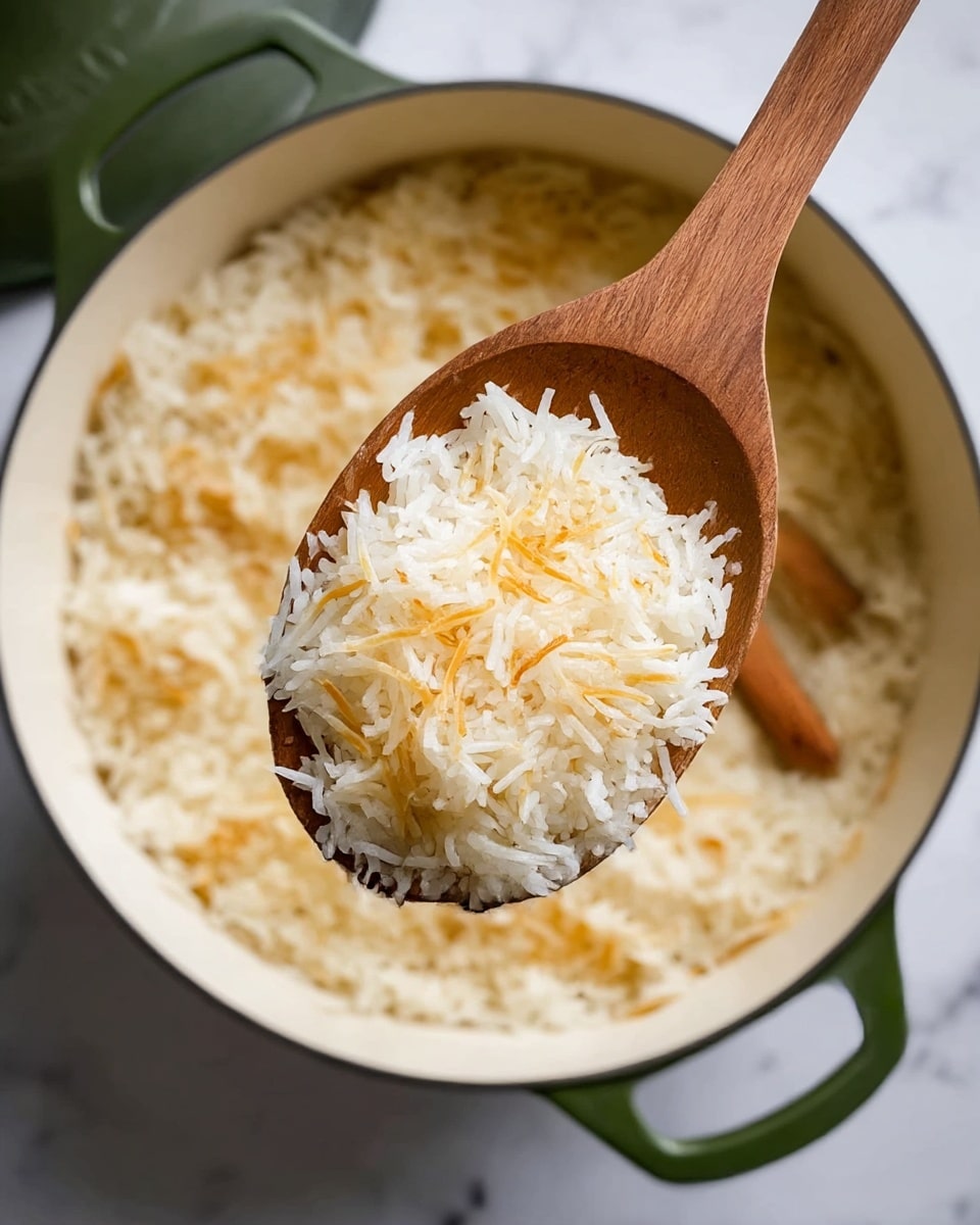 The image shows a bowl filled with a mix of white and light brown long-grain rice and thin, toasted noodles, creating a layered texture. Scattered on top are small green parsley leaves and golden-brown toasted nuts, adding color contrast and a crunchy detail. A wooden spoon with a smooth, shiny handle rests on the right side inside the bowl. The bowl is set on a white marbled surface with a dark cloth partly visible under it photo taken with an iphone --ar 4:5 --v 7