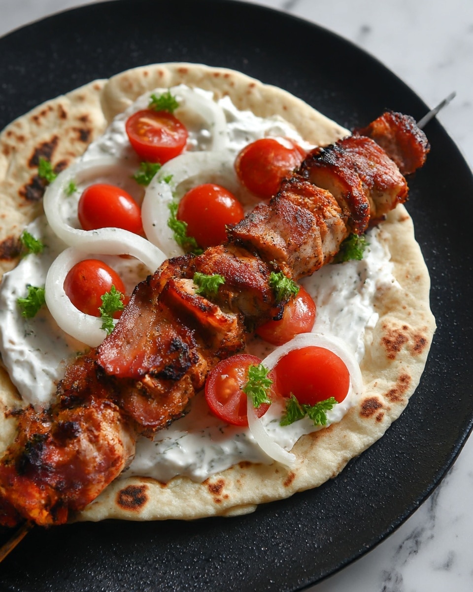The image shows five grilled chicken pieces on black skewers arranged in a row on a dark round plate. The chicken is orange-brown with grill marks and some charred spots, garnished with small sprigs of green herbs. On the plate around the chicken, there are white rings of raw onion and halved cherry tomatoes in bright red. Nearby on a white marbled surface, there is a small white bowl filled with a creamy white sauce with a silver spoon inside. Next to it, there is a small brown bowl of coarse salt, some whole garlic bulbs, and a cluster of ripe cherry tomatoes on the vine in a white bowl. A white plate with folded pita bread and fresh green parsley is seen at the edge of the scene. Photo taken with an iphone --ar 4:5 --v 7