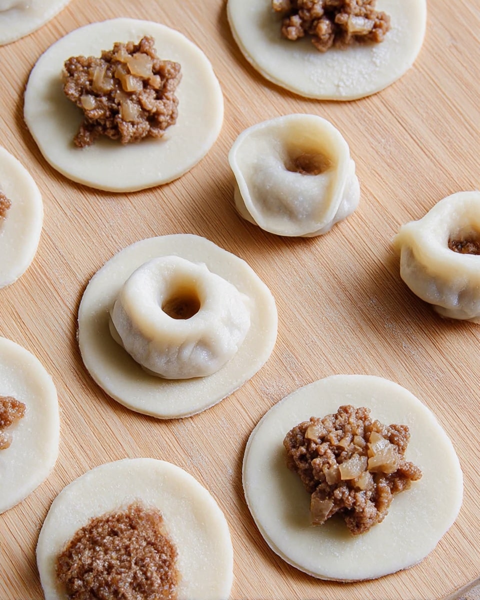 The image shows several small round dough circles laid flat on a wooden board. Each circle has a mound of brown, cooked ground meat with bits of onion on top, forming the filling. Three of the dough circles are folded up around the filling into small, round dumpling shapes with a hole in the center, showing the stages of preparation. The dough is pale and slightly flaky while the filling is crumbly and moist. The wooden board has a light natural color and texture. photo taken with an iphone --ar 4:5 --v 7