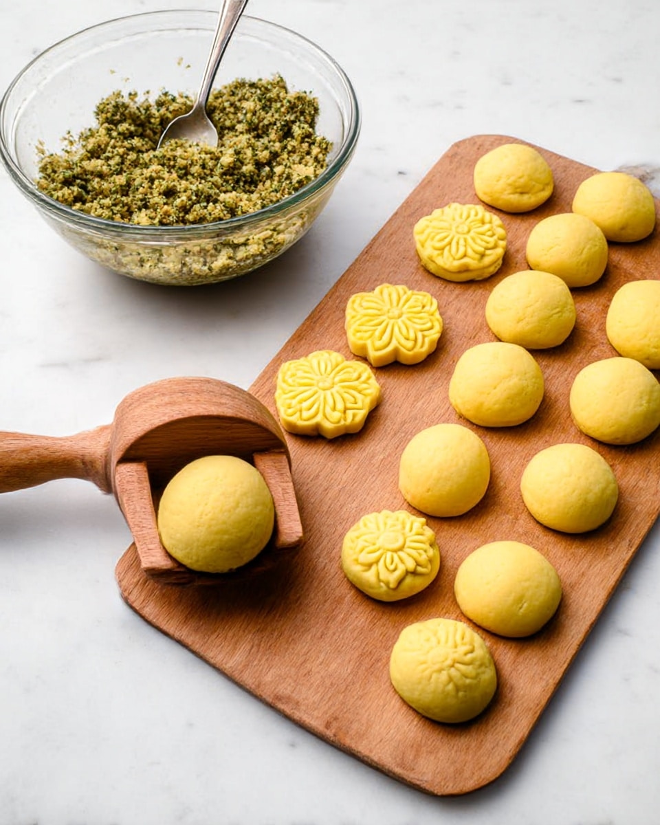 The image shows a wooden board placed on a white marbled surface. On the board, there are 12 round yellow dough balls scattered on the right side. On the left side of the board, there are 4 yellow shaped pastries with detailed patterns on top. In the foreground, there is a wooden press holding one round dough ball. Behind the board, there is a clear glass bowl filled with a green and brown crumbly mixture, with a spoon sticking out of it. photo taken with an iphone --ar 4:5 --v 7