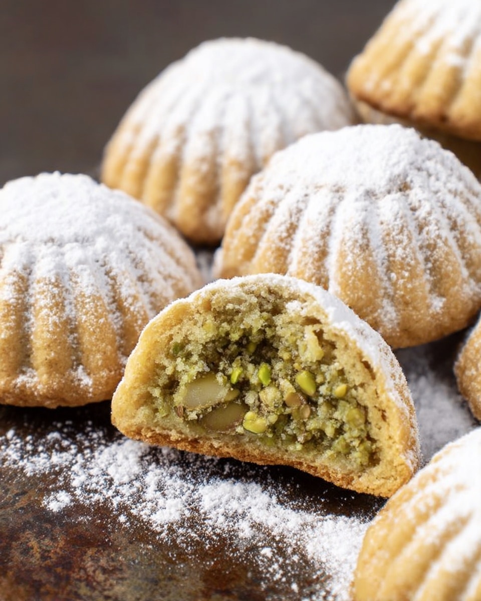 The image shows small, dome-shaped cookies with a light golden-brown crust dusted heavily with white powdered sugar. The cookies have a ridged pattern on the outside and one cookie is cut open to reveal a dense greenish filling made of finely chopped nuts inside. The cookies sit close together on a dark surface with a slightly rough texture, highlighting the contrast between the powdered sugar and the pastry. The focus is sharp on the front cookies, while the background is softly blurred. photo taken with an iphone --ar 4:5 --v 7