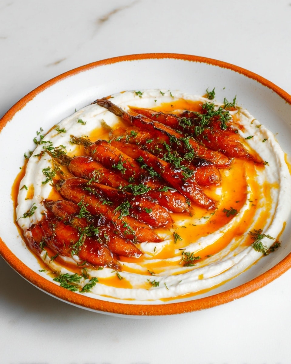 A round white plate with a brown rim holds a layer of smooth white yogurt spread thickly across the bottom, slightly swirled. On top of the yogurt is a neat pile of roasted small carrots that are charred in spots, giving them a mix of bright orange and darker browns. The carrots are coated with a shiny, sticky red sauce that glistens and drips slightly onto the yogurt. Small green herb pieces are sprinkled all over the carrots, adding a fresh contrast. The plate is set on a white marbled surface with some coarse salt and pepper visible nearby. photo taken with an iphone --ar 4:5 --v 7