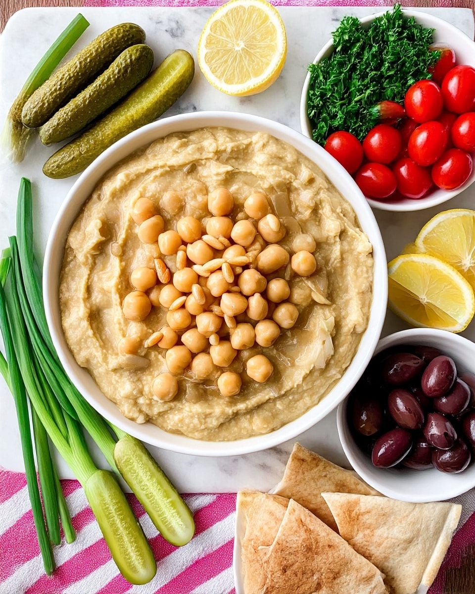 A white bowl filled with a thick, creamy beige hummus topped with scattered light brown pine nuts and a drizzle of golden olive oil being poured from a white small jug. Around the bowl are lemon wedges showing bright yellow flesh, a bunch of fresh green spring onions lying flat, dark purple olives, green pickles, fresh green parsley in a white bowl, and pieces of light brown pita bread arranged upright. Everything is set on a white marbled surface with a soft wood texture in the background. photo taken with an iphone --ar 4:5 --v 7