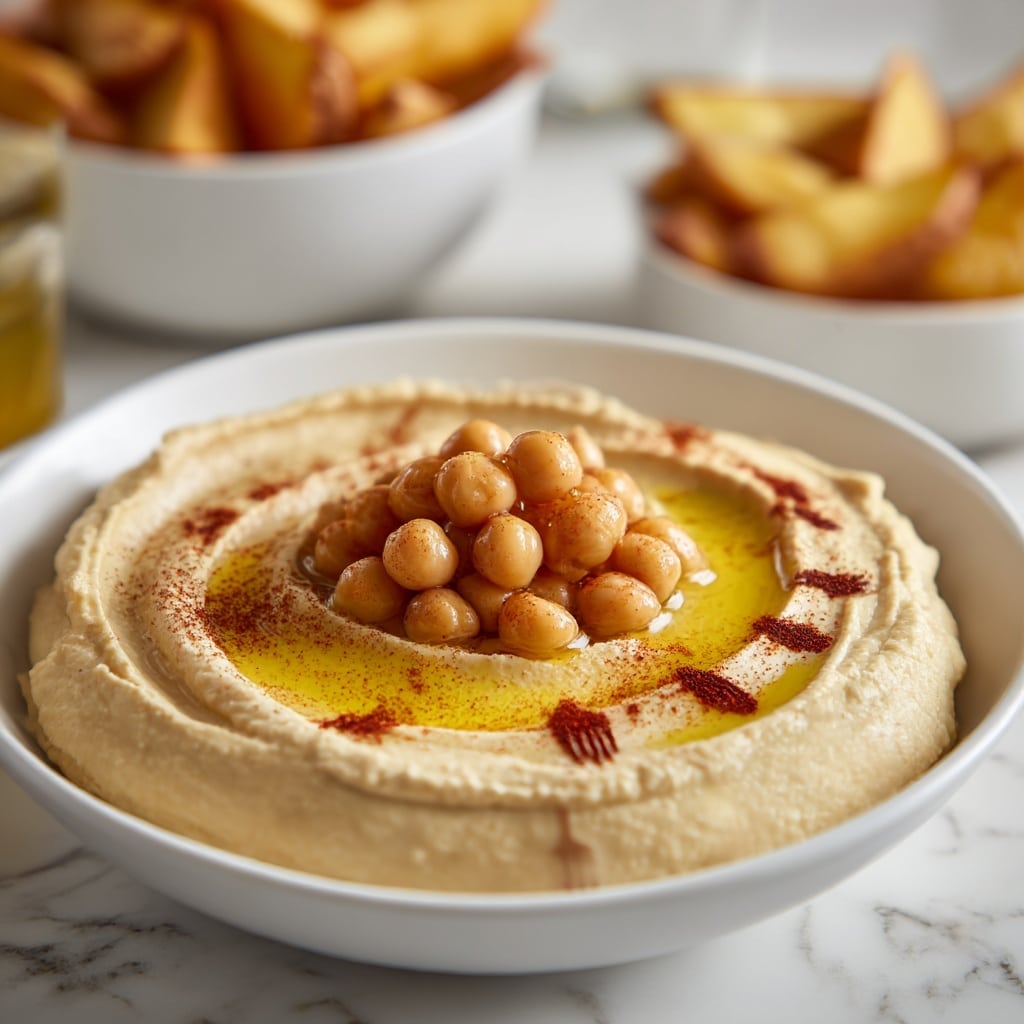 The image shows a large white bowl filled with thick, creamy hummus topped with whole chickpeas and a sprinkle of golden brown pine nuts. Surrounding the bowl on a white marbled surface are fresh green scallions laid out in a small bunch to the left, two long light green pickles placed near the top, and a small pile of shiny red cherry tomatoes in a white bowl above. To the right, there is a smaller white bowl full of bright green parsley, next to lemon wedges arranged neatly. Below this is a white bowl containing dark purple and black olives. In the bottom right corner, there is a stack of lightly toasted pita bread triangles. The whole arrangement is placed on a pink and white striped cloth, and the photo is taken with an iphone --ar 4:5 --v 7