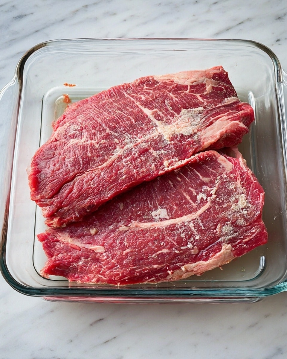 The image shows two large, raw pieces of red meat with white marbling and fat streaks, lying flat inside a clear glass baking dish. The meat has a textured surface with visible muscle fibers and some white fat patches spread unevenly across both pieces. The dish is placed on a white marbled surface, giving a clean and bright background. photo taken with an iphone --ar 4:5 --v 7