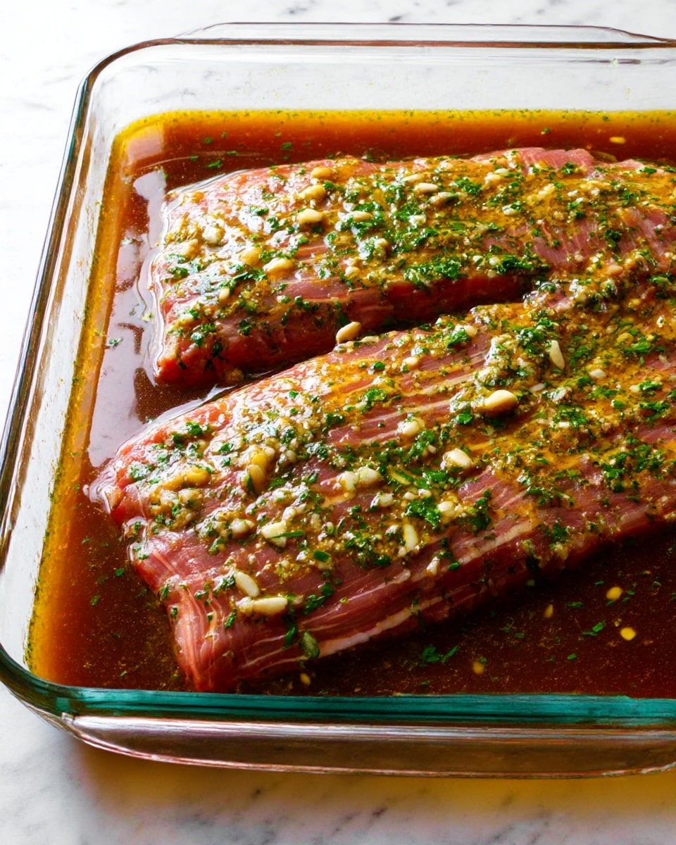 A clear rectangular glass dish holds a large piece of raw meat covered in a dark brown sauce with visible minced garlic and green herbs sprinkled on top. The meat has a pinkish color and is marinated thoroughly, sitting in the sauce that fills the dish partially. The dish rests on a white marbled surface with soft natural light shining from the right side. Photo taken with an iphone --ar 4:5 --v 7