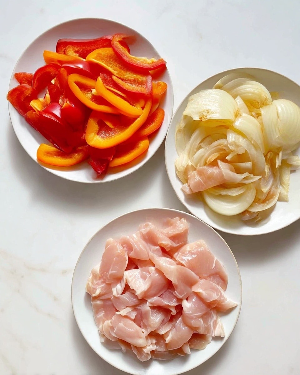 The image shows a white rectangular baking tray filled with layers of cooked chicken pieces and sliced bell peppers in red, yellow, and orange colors, along with cooked onion slices. The chicken pieces are light brown and scattered evenly across the tray, mixed with the colorful vegetables. There are a few lime wedges placed on top, adding light green accents, and small green cilantro leaves scattered around for garnish. The tray sits on a white marbled surface. The overall scene looks fresh and vibrant with a mix of warm colors. photo taken with an iphone --ar 4:5 --v 7