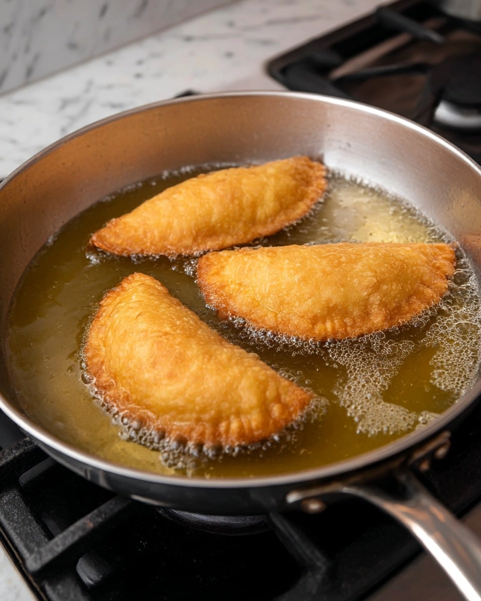 A blue and white plate holds about eight golden-brown, fried half-moon shaped empanadas, layered and slightly overlapping each other. The empanadas have a bumpy, crispy outer texture with green herb sprinkles and small bits of garlic on top. One empanada is open, revealing melted, light yellow cheese and reddish filling inside. A small glass cup filled with red marinara sauce sits at the edge of the plate. The plate is placed on a white marbled surface photo taken with an iphone --ar 4:5 --v 7