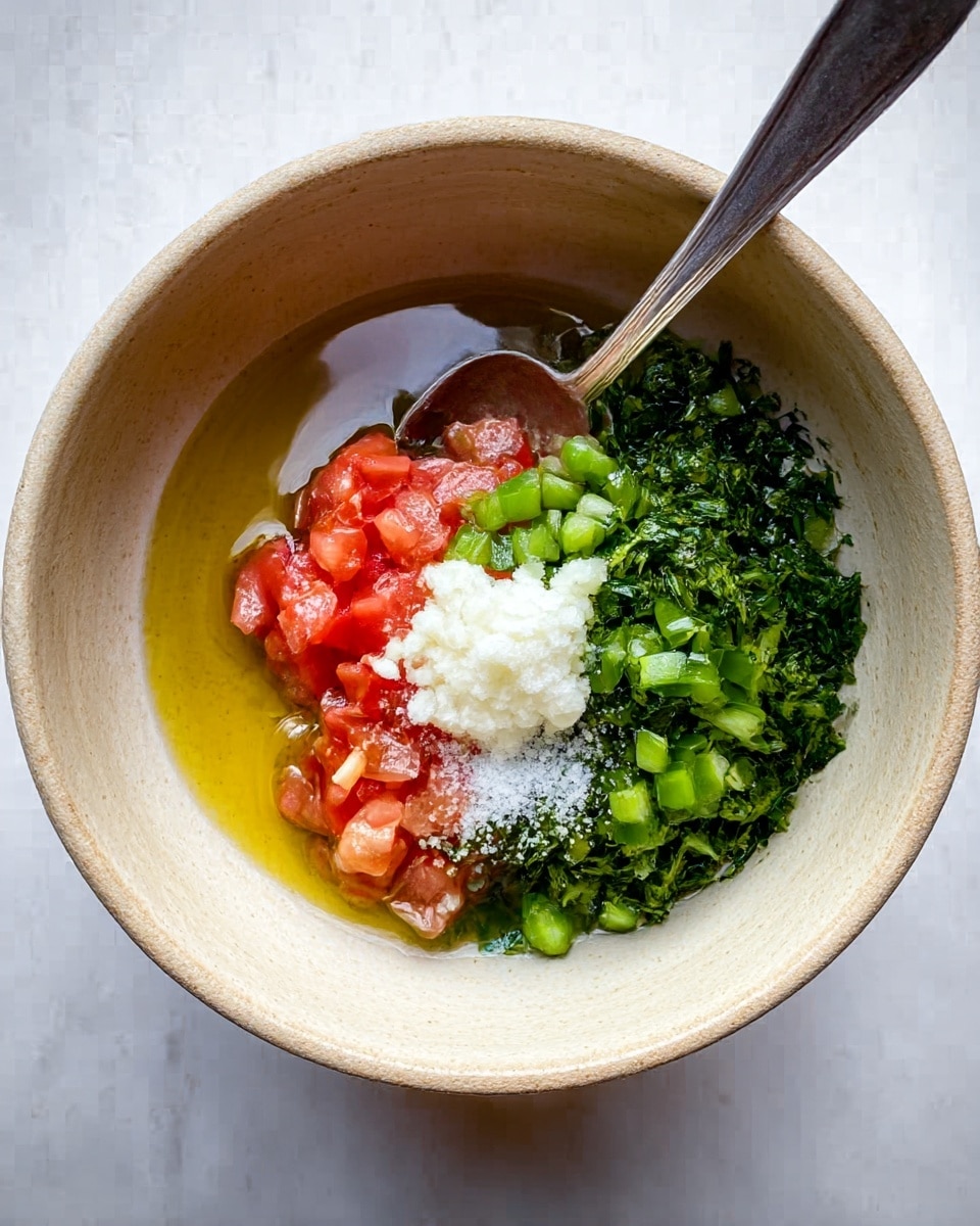 A white plate with a blue tint holds a terracotta bowl filled with a chunky brownish dip mixed with bits of green herbs, diced red tomatoes, and sliced green chili peppers on top. Around the bowl, there are neatly arranged cucumber slices with visible seeds, quartered red tomatoes, whole green peppers, fresh green mint leaves, and folded off-white pita bread wedges. The plate is set on a white marbled surface. photo taken with an iphone --ar 4:5 --v 7