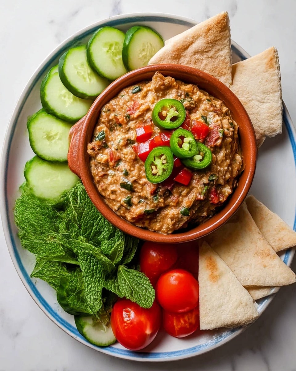 A shallow white bowl filled with a thick brown stew made from beans and lentils, topped with bright green slices of jalapeño, small chopped red tomatoes, and chopped green herbs scattered across the surface. A metal spoon rests inside the bowl on the right side, partially submerged in the stew. Behind the bowl is a wooden board holding a stack of round beige flatbreads. The dish is placed on a flat white marbled surface. Photo taken with an iphone --ar 4:5 --v 7