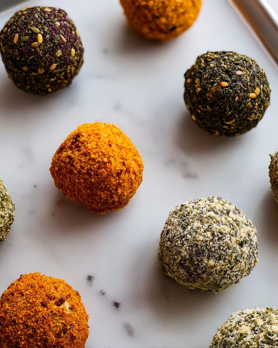 A white plate holds a pile of nine round balls, each covered with different coarse coatings. On top and center, there is one ball with a rough, dark green coating mixed with small seeds. Around it, there are three balls with bright orange crumbly coatings. Two balls have a deep reddish-brown fine coating, two more have a mix of green and brown dried herb flakes, and one ball has a darker brown crumbly texture. The balls look crisp and textured, resting against each other with soft shadows. The surface beneath is a white marbled texture. photo taken with an iphone --ar 4:5 --v 7