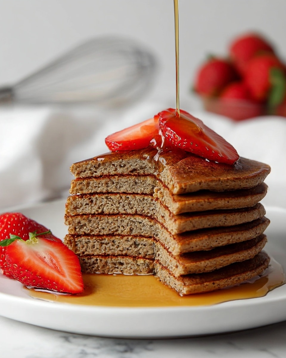 A stack of six brown pancakes with a slightly rough texture sits on a white round plate placed on a white marbled surface. The pancakes are cut showing their thick layers and soft inside. On top of the pancakes are several slices of bright red strawberries. Golden syrup is being poured down on the strawberries, dripping down the sides of the pancakes and pooling at the base. In the background, out of focus, are more strawberries and a whisk. photo taken with an iphone --ar 4:5 --v 7