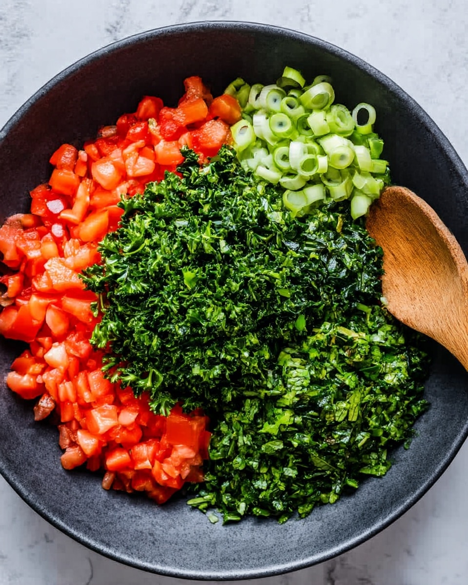 A dark gray bowl holds four distinct sections of finely chopped ingredients on a white marbled surface. The bottom left quarter is filled with bright red, small diced tomatoes with a slightly juicy texture. To the right of it, the largest section contains finely chopped dark green parsley with a dense, leafy texture. The top right quarter shows equally finely chopped dark green mint leaves, slightly more textured than the parsley. At the top center, there is a smaller pile of sliced light green spring onions with circular shapes and a crisp texture. A wooden spoon is placed on the right edge, just above the bowl. Photo taken with an iphone --ar 4:5 --v 7