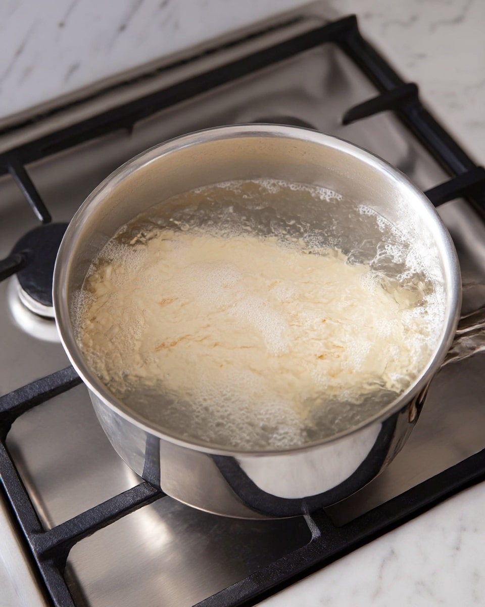 A shiny silver pot sits on a gas stove with black grates, filled with clear boiling water. Inside the pot is a large piece of pale beige dough that appears soft and swollen, showing smooth and slightly wrinkled textures. Small white bubbles rise to the surface of the water, which is gently moving. The background surface is white marble. photo taken with an iphone --ar 4:5 --v 7