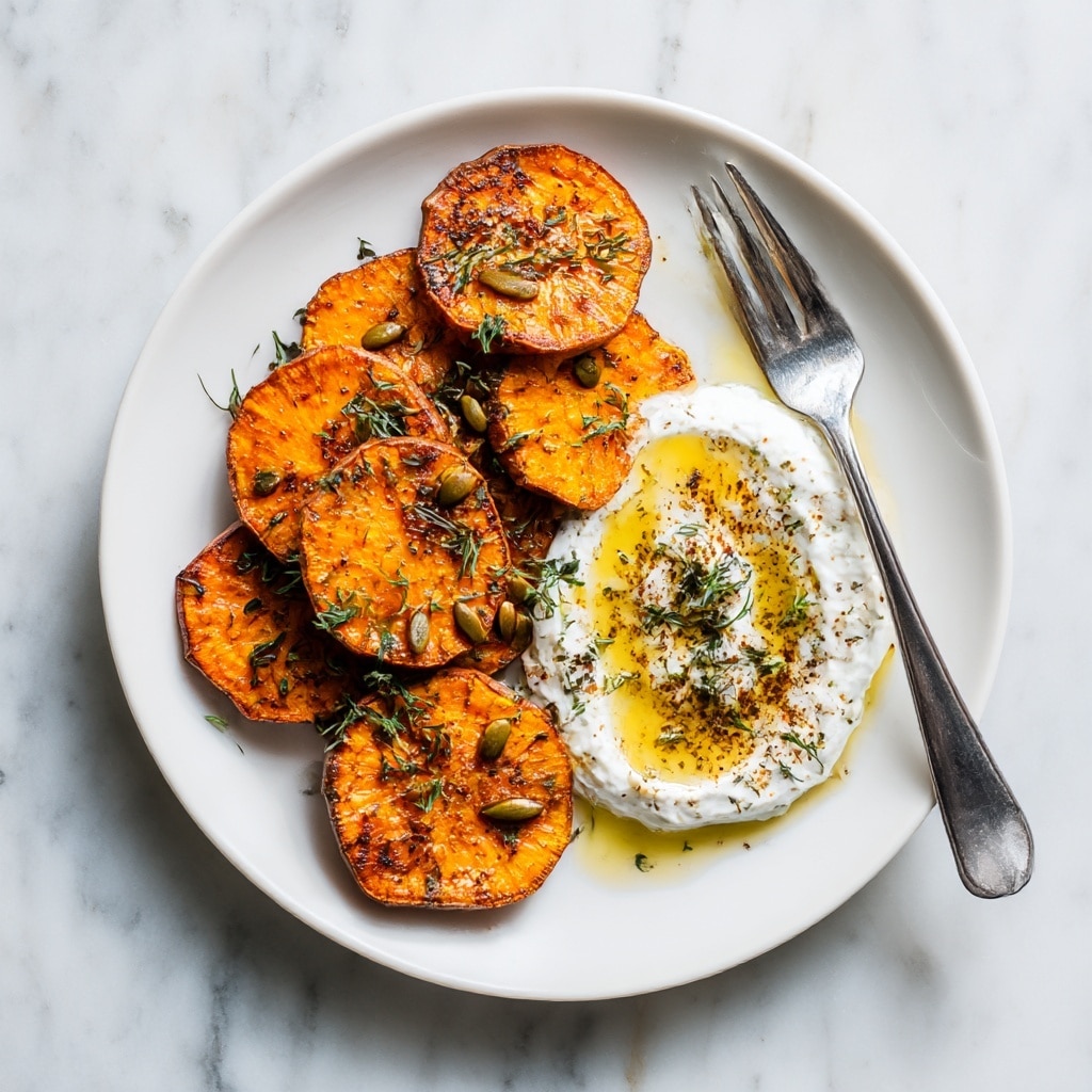Two roasted orange squash halves are sliced thinly in layers on a round white plate, arranged side by side. The squash layers show a soft, slightly shiny texture with some edges lifted, topped with scattered golden-brown toasted nuts and small green herb sprigs. A dollop of white creamy sauce with a drizzle of golden oil and herbs sits near the squash on the plate. A woman’s hand holding a fork is lifting a few thin squash slices, showing the tender inside. The plate is on a beige cloth over a white marbled surface. Photo taken with an iphone --ar 4:5 --v 7