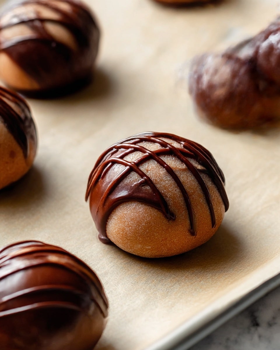 The image shows a pile of round chocolate truffles on a white parchment paper over a wire rack. Each truffle has two main layers: a dark, smooth chocolate base with a slightly glossy texture and a thick layer of milk chocolate coating that covers part of the bottom half. Drizzled lines of milk chocolate cross the top of each truffle, giving them a striped look, and some tiny crunchy bits are sprinkled on top as a finishing touch. One truffle at the edge has a bite taken out, revealing a dense chocolate filling inside. The whole scene is set on a white marbled surface. photo taken with an iphone --ar 4:5 --v 7