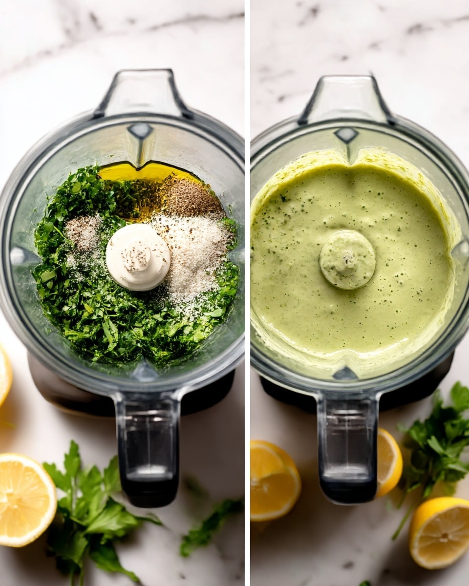 A clear glass jar filled with thick, creamy light green sauce speckled with darker green bits, a spoon lifting the sauce in a smooth drip above the jar. In the background, there are blurred lemon halves and green herbs on a white marbled surface. In the foreground, a lemon slice and small herb sprigs rest on the same white marbled surface with part of a beige cloth visible at the side. The colors are fresh and natural, with smooth and slightly chunky texture in the sauce. Photo taken with an iphone --ar 4:5 --v 7
