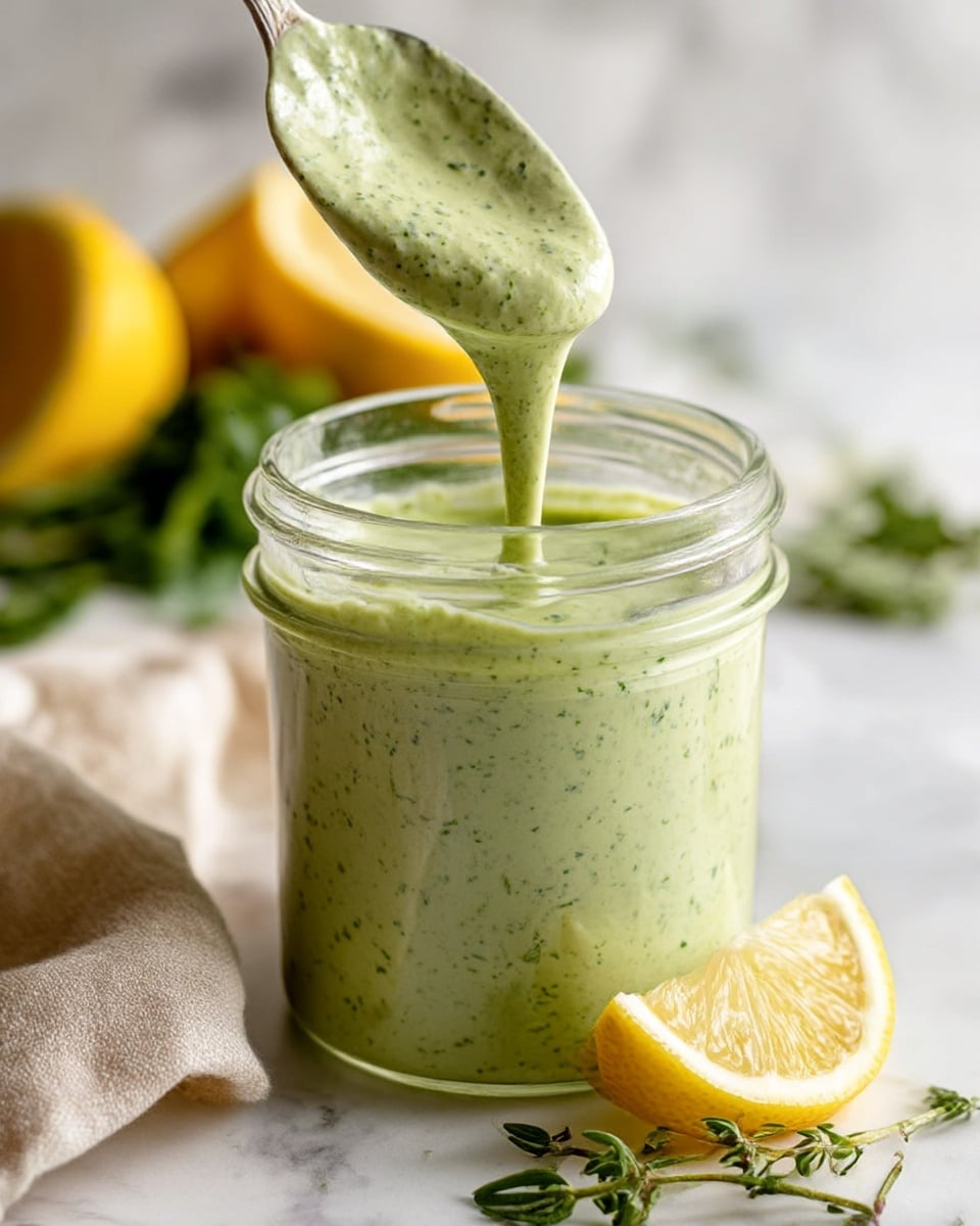A clear glass jar filled with creamy green sauce speckled with tiny darker green flakes sits on a white marbled surface. A metal spoon stands inside the jar, leaning against the edge. Behind the jar, there is a white bowl with black pepper. To the left, a white plate holds three lemon slices with bright yellow color and visible juicy texture. Some fresh green herbs are scattered around the jar including a sprig of dill in front. A beige cloth is placed on the right side of the jar. The overall scene is bright and fresh, with natural light highlighting the smooth, thick texture of the sauce. photo taken with an iphone --ar 4:5 --v 7