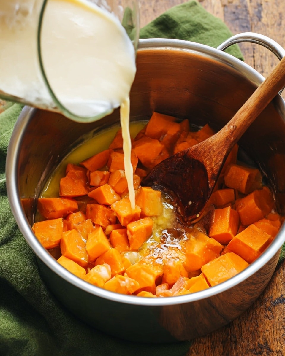 A large stainless steel pot filled with bright orange chunks of cooked sweet potatoes, some covered in a light yellow sauce or butter inside. From the top left, white creamy liquid is being poured into the pot, mixing with the sweet potatoes. A wooden spoon with a wet, dark brown surface is resting inside the pot, stirring the mixture. The pot sits on a rough brown wooden surface, with a green cloth underneath. Photo taken with an iphone --ar 4:5 --v 7