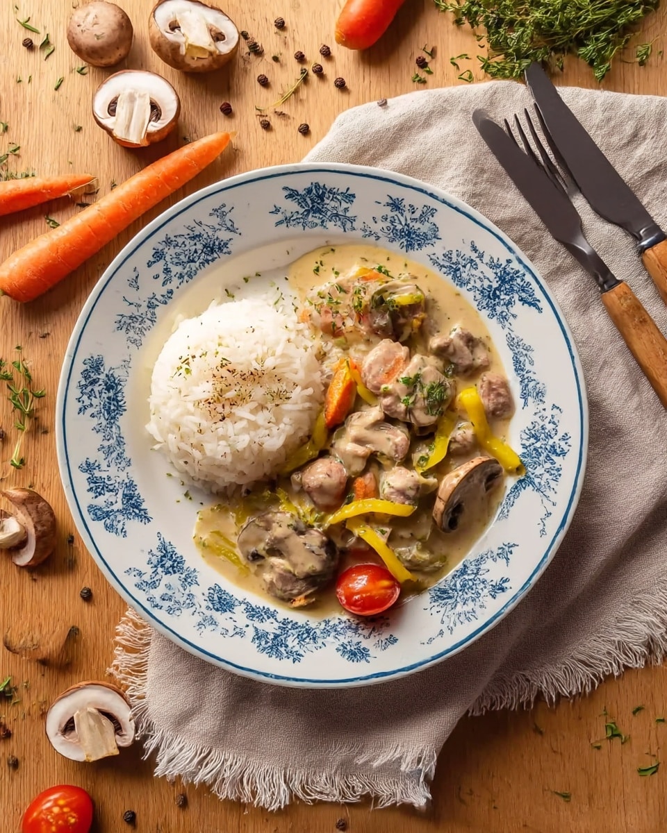 A white pot with blue handles filled with creamy stew showing chunks of light brown meat, thick orange carrot slices, and sliced mushrooms in a smooth beige sauce with small green herb leaves sprinkled on top. Around the pot on a white marbled surface, whole and sliced mushrooms, fresh orange carrots, green herb sprigs, and a white cloth are visible. Photo taken with an iphone --ar 4:5 --v 7