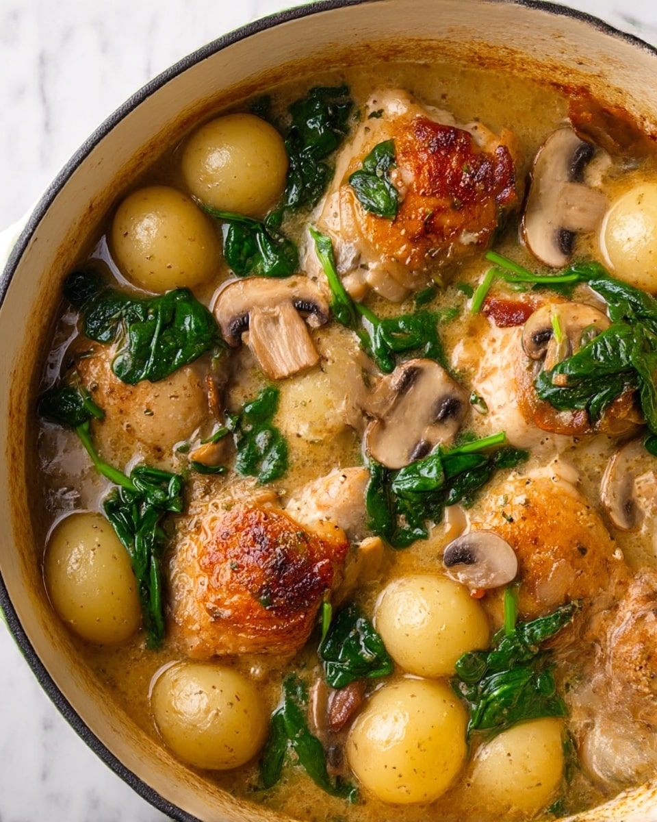 The image shows a close-up of a white pot filled with a cooked chicken dish. The dish has several browned chicken pieces with a crispy texture, scattered among whole small potatoes that are pale yellow with a soft surface. There are slices of cooked mushrooms that are brown and tender, mixed with wilted dark green spinach leaves distributed across the top. The dish is covered in a light brown broth or sauce that adds a shiny glaze to the ingredients. The pot rests on a white marbled surface, and the photo is taken with an iphone --ar 4:5 --v 7