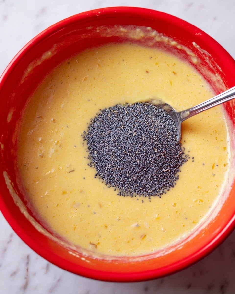 A single slice of yellowish poppy seed cake with small black poppy seeds spread evenly throughout sits on a white plate, showing a slightly crumbly texture around the edges with a smooth, dense inside. A silver fork lies next to the cake slice on the plate. The setting includes a white marbled surface beneath the plate and an out-of-focus lemon in the background. photo taken with an iphone --ar 4:5 --v 7