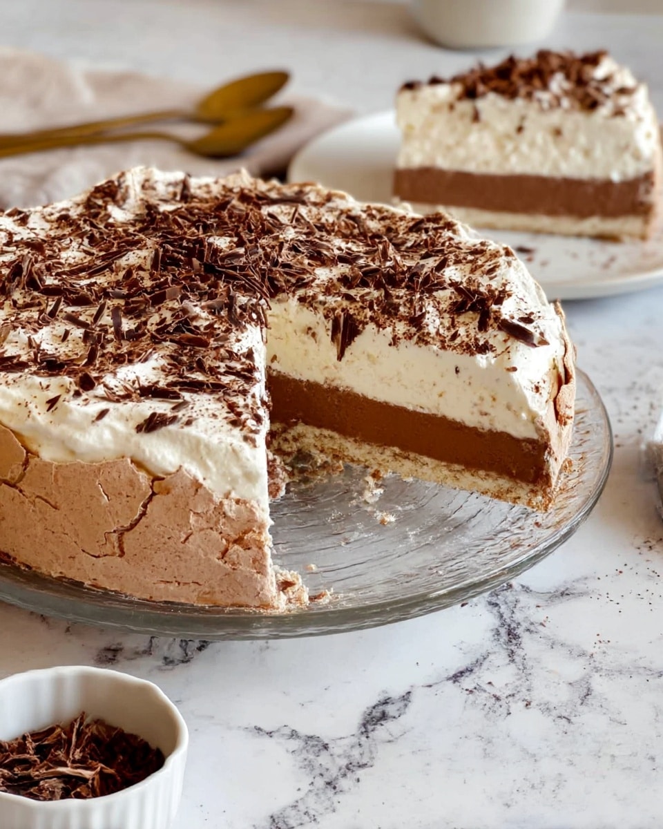 The image shows a round cake with three visible layers sitting on a clear glass plate. The bottom layer is a light brown, cracked, and crispy meringue base. The middle layer is a smooth, darker chocolate filling. The top layer is thick, white, fluffy cream covered with scattered dark brown chocolate shavings. One slice has been removed and placed on a white plate in the background, showing the distinct layers clearly. A woman's hand holds the slice on the plate. The setting has a white marbled surface with some golden spoons and a small white bowl with extra chocolate shavings nearby. Photo taken with an iphone --ar 4:5 --v 7