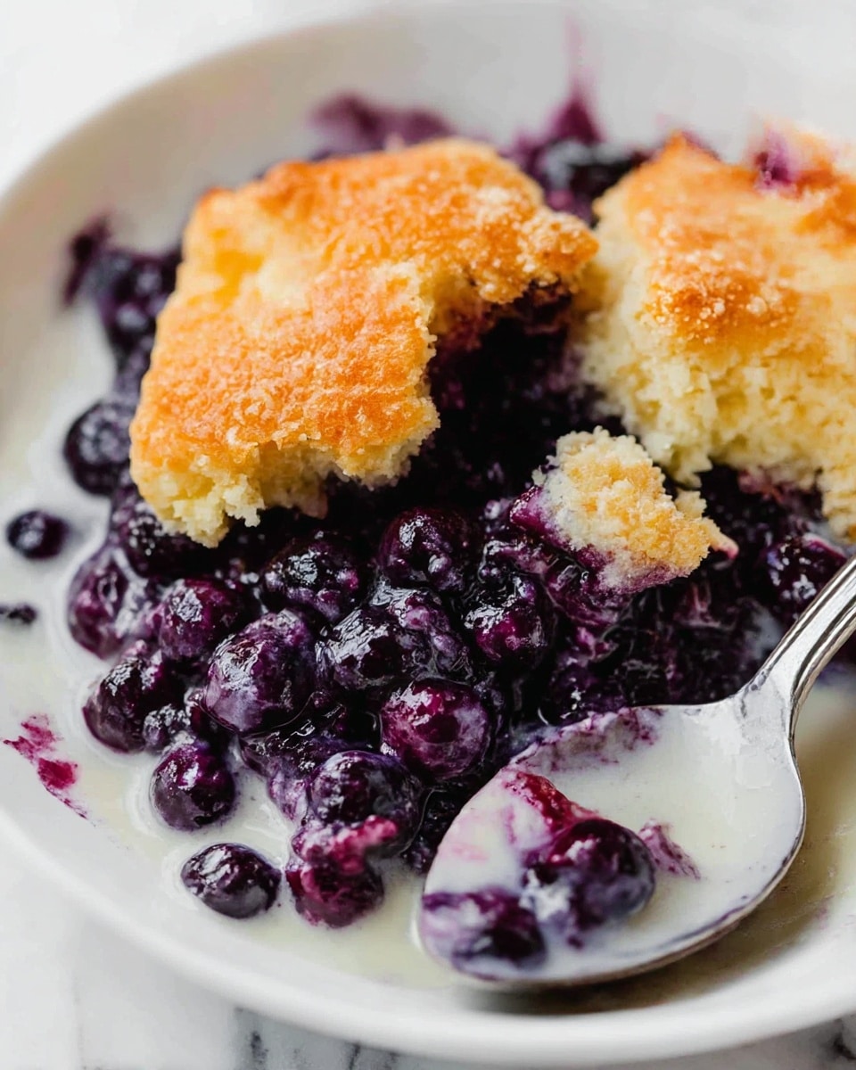 The image shows a black cast iron skillet holding a blueberry cobbler with a golden brown, slightly cracked crust on top. Three scoops of creamy white ice cream sit in a triangular shape on the upper part of the cobbler, melting slightly on the edges. The bottom part of the skillet reveals dark purple, juicy blueberry filling mixed with broken pieces of crust. A silver spoon scoops some of the cobbler from the lower right corner. The skillet is placed on a wooden surface with a white marbled background visible around it. Photo taken with an iphone --ar 4:5 --v 7