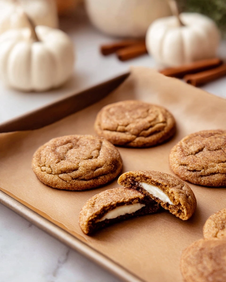 There are five round cinnamon cookies with cracked textured tops arranged on a sheet of brown parchment paper on a baking tray. One cookie is broken in half, showing a creamy white filling inside. The cookies are golden brown with a slightly darker brown cinnamon sugar coating. In the soft-focus background, there are some white mini pumpkins and cinnamon sticks on a white marbled surface. Photo taken with an iphone --ar 4:5 --v 7
