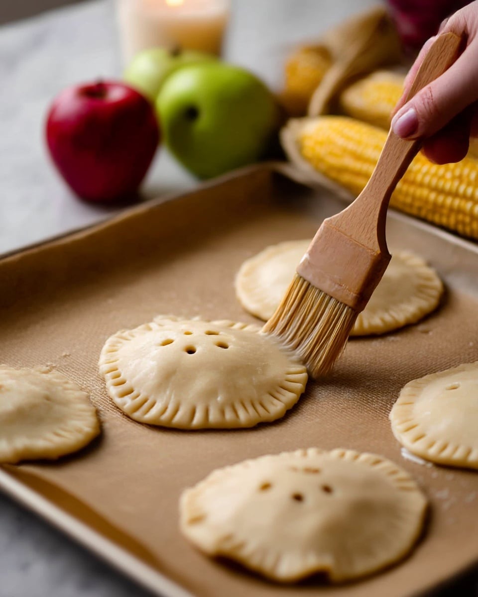 There are two small hand pies on a wooden board on a white marbled surface, both covered with thick, shiny red glaze with five small round holes on top. One hand pie is whole, while the other is broken open to show a dark brown filling inside with a slightly gooey texture. Around the board, there are whole apples in red, green, and orange colors, slightly out of focus with a blurred patterned cloth in the background. The scene is warm and inviting, with the focus sharp on the pastries. Photo taken with an iphone --ar 4:5 --v 7