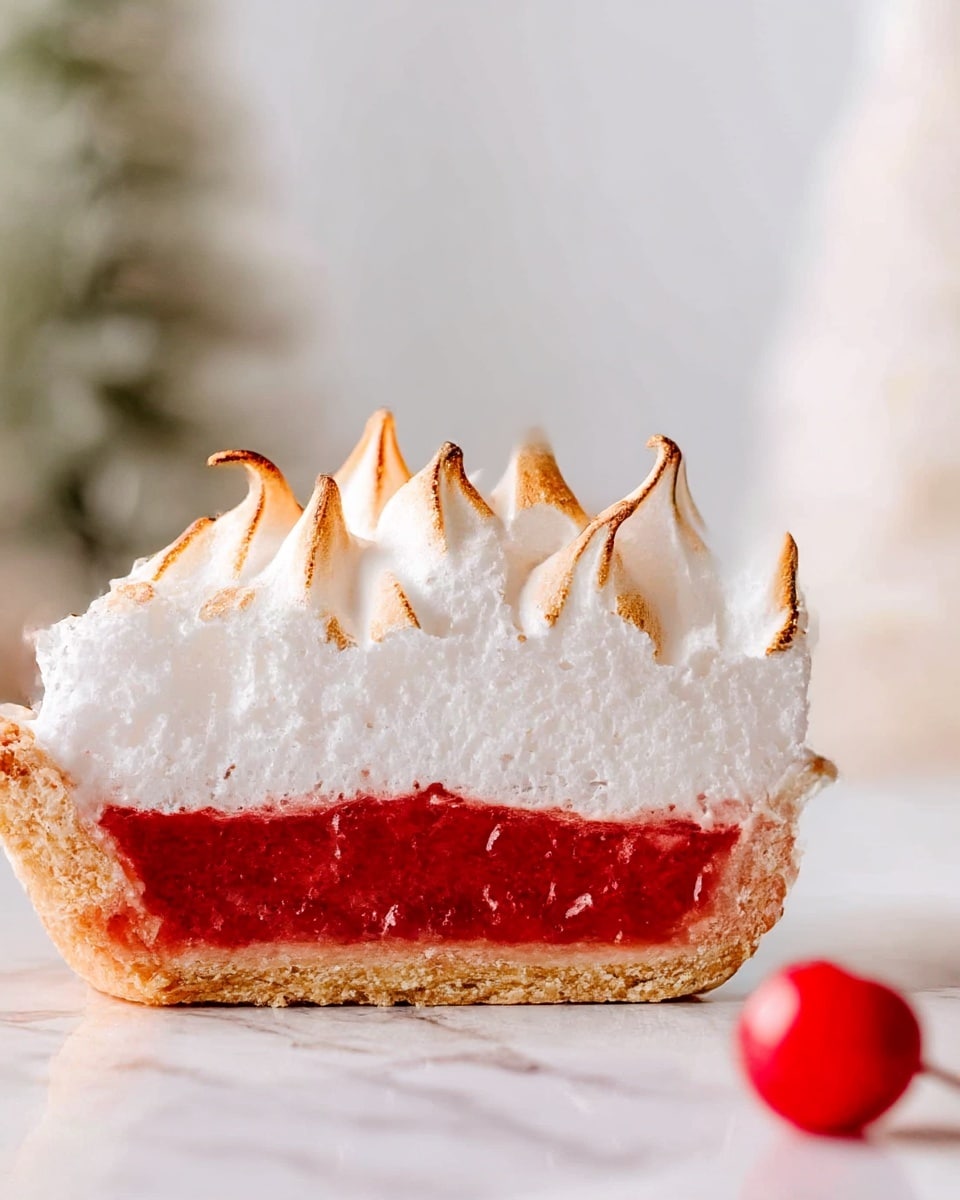 A white dish holds a pie with three visible layers: the bottom layer is a golden-brown crust with a wavy edge, the middle layer is a vibrant red filling, and the top layer is a tall pile of toasted, swirled meringue dollops that are lightly browned on their ridges. A slice is cut out, showing the clean separation of the layers, while the removed piece lies on a white plate with a scalloped edge to the right. The scene is set on a white marble surface with small decorative pine trees in the blurred background. Photo taken with an iphone --ar 4:5 --v 7