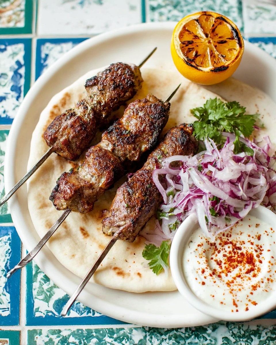 The image shows five grilled meat kebabs on metal skewers resting on flatbread. The kebabs are dark brown with visible char marks and green herb pieces inside, giving a textured and slightly rough surface. On the right side, there is a grilled lemon half with golden brown char marks. Thin slices of white and purple onion are placed next to the kebabs, mixed with bright green parsley leaves. All the food sits on a white plate that is on a white marbled surface. photo taken with an iphone --ar 4:5 --v 7