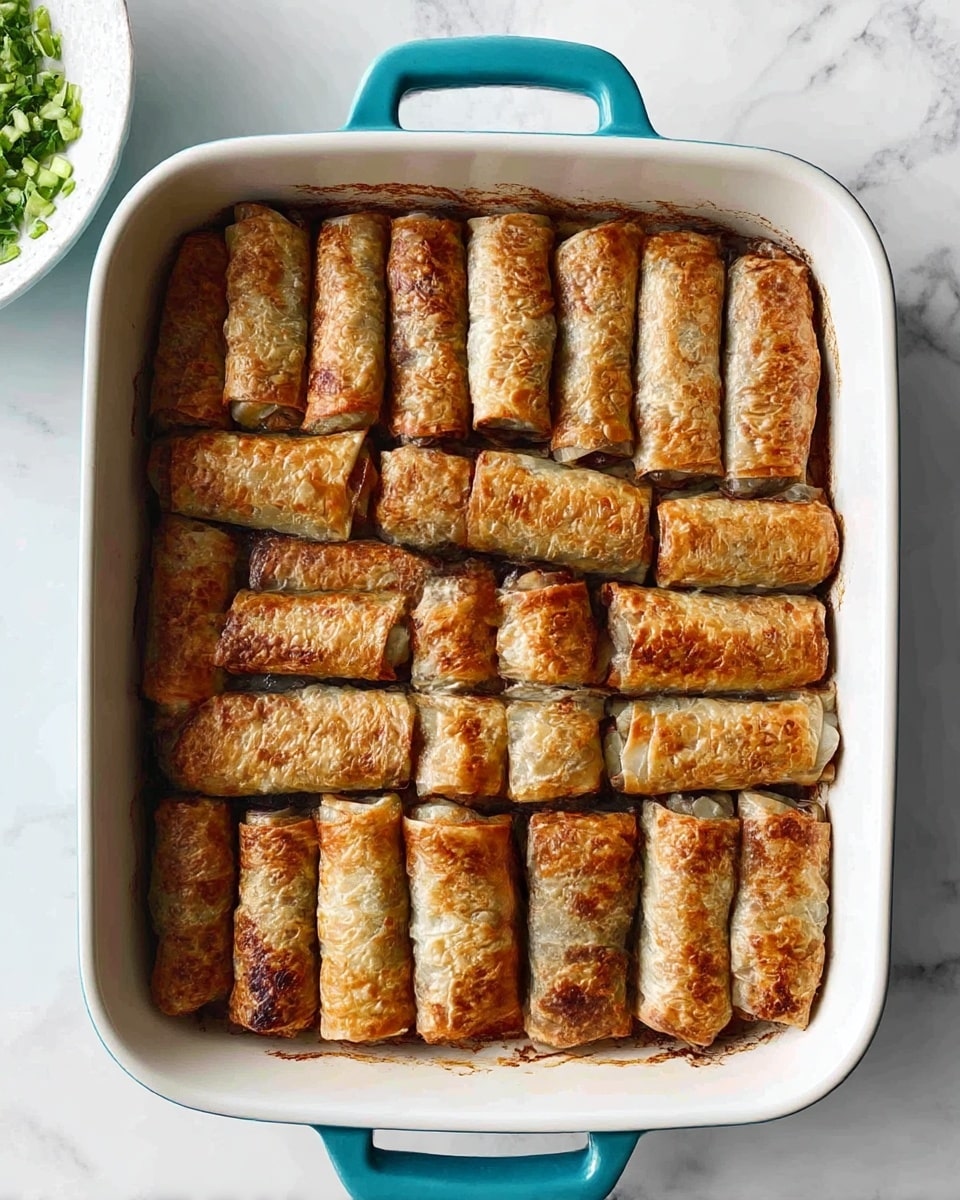 The image shows a rectangular white baking dish with two turquoise handles, filled with 28 evenly arranged rolled pastries in four rows. Each pastry is golden brown with some darker spots, showing a rough, crispy texture on the thin outer layer. The pastries vary slightly in length and thickness but are tightly packed together, covering the entire dish. The dish is placed on a white marbled surface, and to the left, part of a white bowl with some green garnish is visible. photo taken with an iphone --ar 4:5 --v 7