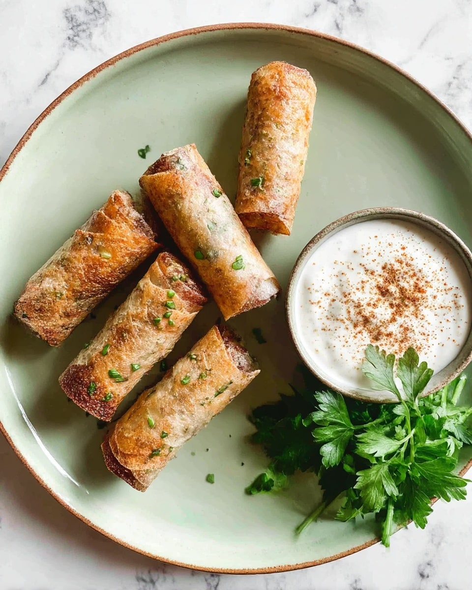 A round white plate with a light green tint holds five small rolled wraps that are golden brown with a crispy texture, each sprinkled with small green herb pieces. On the right side of the plate is a small round bowl filled with white creamy sauce topped with a light sprinkle of brown spice. At the bottom right of the plate, there is a small bunch of fresh flat green parsley leaves. The plate sits on a white marbled surface. The photo taken with an iphone --ar 4:5 --v 7