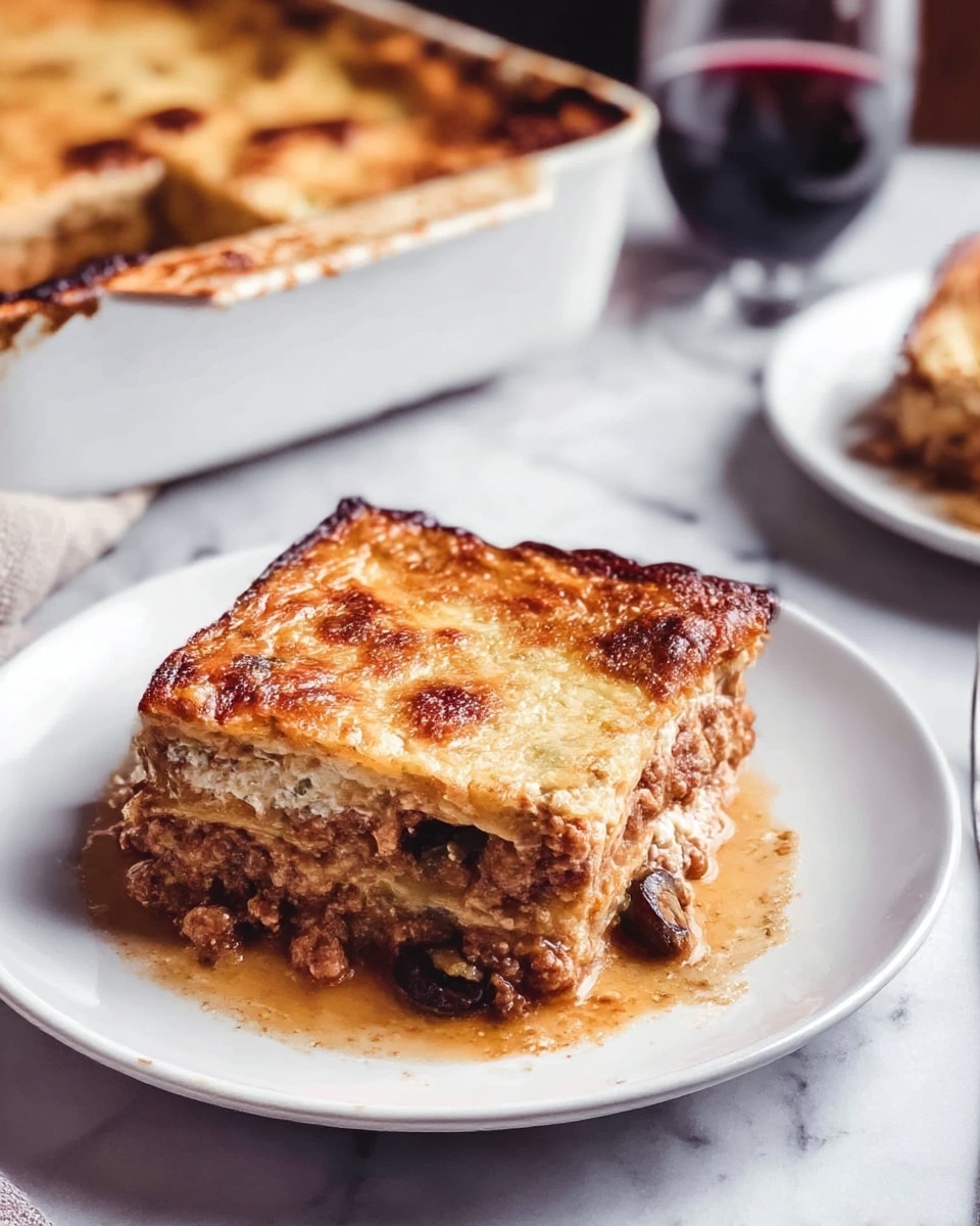 A thick square piece of lasagna sits on a white plate, showing multiple layers. The bottom layer is a chunky, brown meat sauce mixed with bits of vegetables, soaking slightly into the plate. Above that are soft, flat layers of pasta, alternating with more meat sauce and creamy, white ricotta cheese. The top is covered with a golden-brown, bubbly, melted cheese layer that looks slightly toasted. Behind the plate, a rectangular baking dish holds the rest of the lasagna, and to the side, there is a glass of red wine. The whole setup is on a white marbled surface. photo taken with an iphone --ar 4:5 --v 7