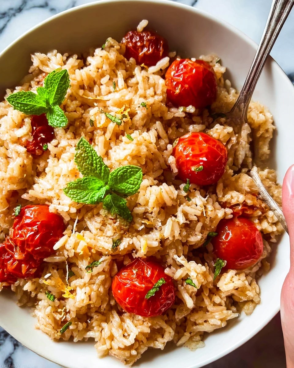 The image shows a close-up view of a bowl filled with cooked rice mixed with roasted red cherry tomatoes and sprinkled with small green mint leaves on top, adding a fresh touch. The rice is light brown in color with a slightly sticky texture, and the tomatoes are whole with a glossy, soft look. There are tiny bits of cheese or zest scattered over the dish, giving a fine texture contrast. A woman's hand holds a silver spoon partly visible on the right edge of the bowl. The bowl is white and set on a surface with a white marbled texture. Photo taken with an iphone --ar 4:5 --v 7