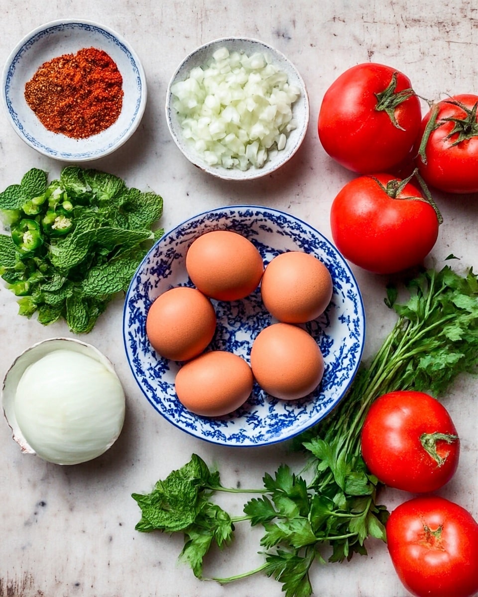 A black cast iron skillet filled with shakshuka, showing five eggs cooked in a thick red tomato sauce with chunks of green bell peppers and red tomatoes, all topped with chopped fresh green herbs. The eggs have bright yellow yolks and soft white edges. The skillet is placed on a white marbled surface surrounded by fresh tomatoes on the vine, pieces of white pita bread, a white bowl with green cucumber sticks, a small white bowl with mixed olives, and some scattered green herbs. Photo taken with an iphone --ar 4:5 --v 7