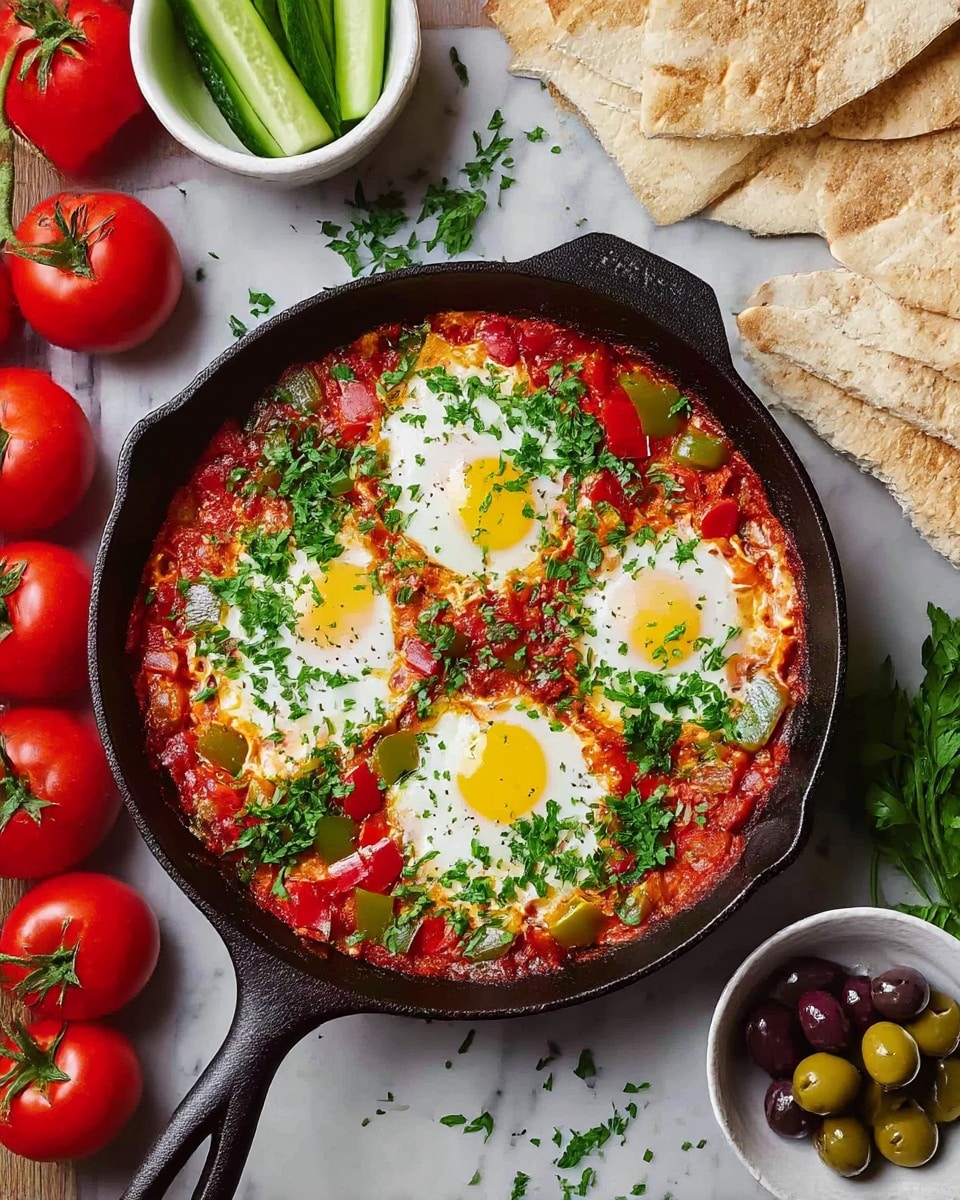 A black skillet is filled with a colorful shakshuka dish showing a rich, chunky red tomato and green bell pepper sauce as the base layer. Six bright white eggs with vibrant yellow yolks sit on top, their edges softly blending into the sauce. The eggs are sprinkled with coarse black pepper and chopped fresh green herbs like cilantro and parsley, evenly scattered on the surface. The skillet rests on a white marbled surface with a sprig of fresh cilantro visible nearby. Photo taken with an iphone --ar 4:5 --v 7
