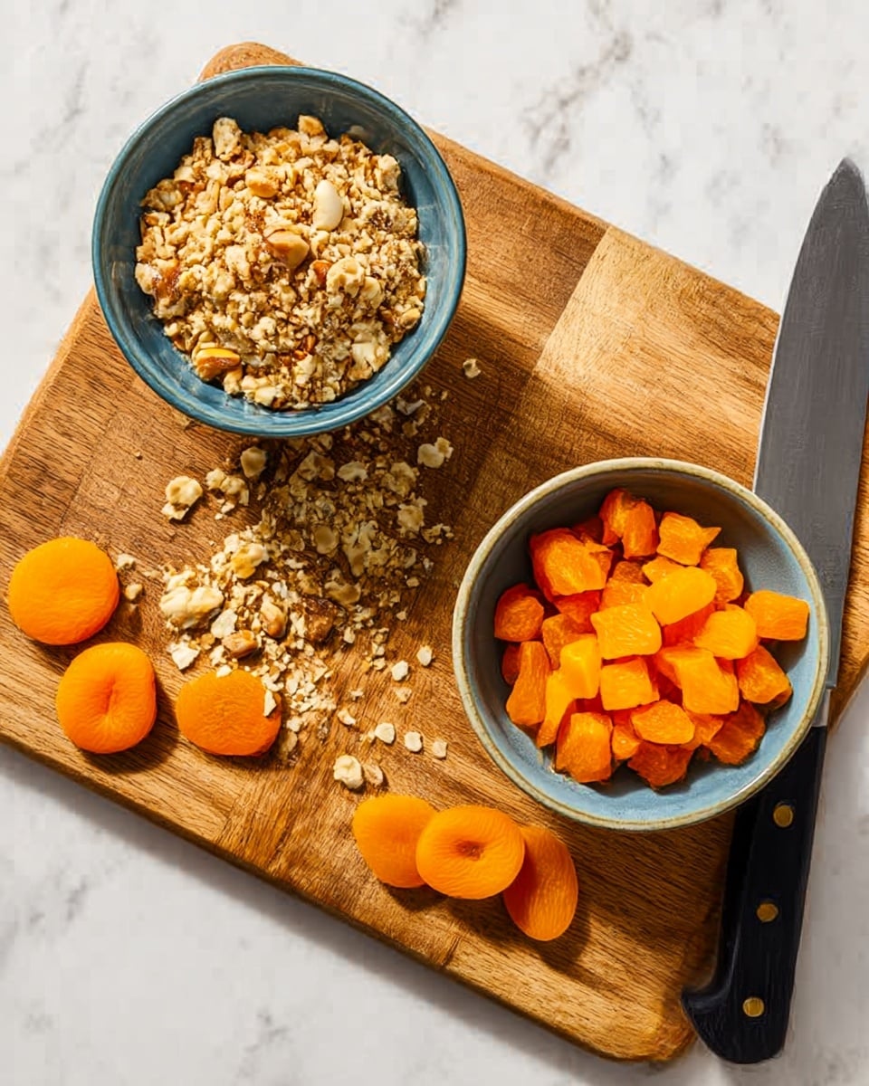 The image shows two small blue bowls on a wooden cutting board with a white marbled background. One bowl is filled with chopped nuts that are light brown with some darker pieces, creating a rough texture. The other bowl holds small, bright orange diced dried apricots, smooth and shiny. Besides the bowls, there are a few whole dried apricots and scattered nuts on the cutting board. A large knife with a black handle rests to the right on the board. Photo taken with an iphone --ar 4:5 --v 7