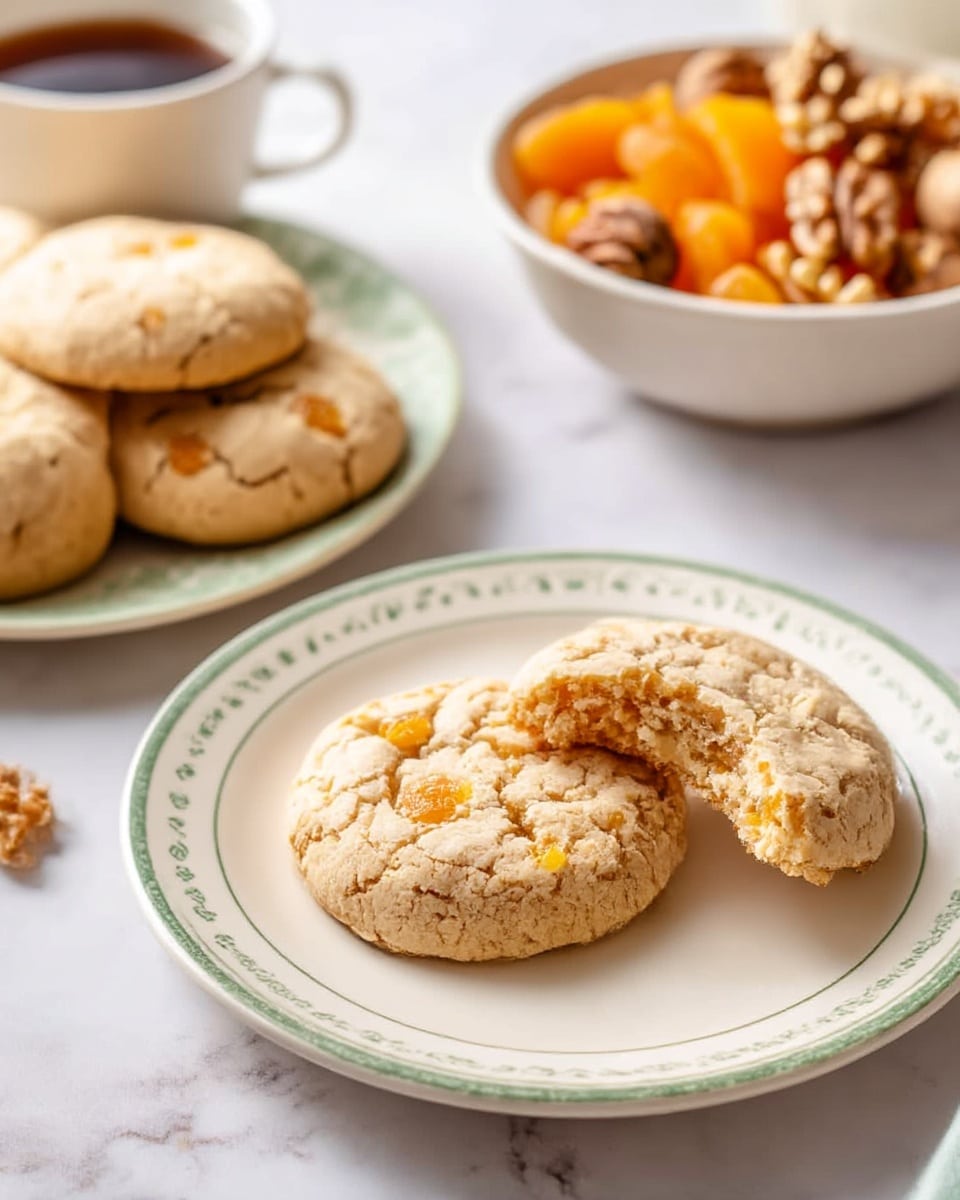 Two round cookies with a light brown, cracked surface and small bits of orange inside sit on a white plate with a simple green pattern around the edge. One cookie has a bite taken out of it, showing a soft, crumbly texture inside. Behind the plate, there is a bowl filled with a mix of dried orange fruit pieces and brown walnuts, and just beyond that, part of a white cup filled with a dark beverage is visible. To the left, more cookies rest on a white plate with a light green pattern, all placed on a white marbled surface with soft natural light. photo taken with an iphone --ar 4:5 --v 7