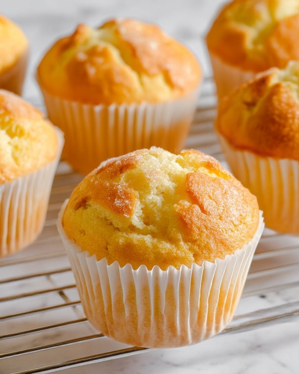 A single golden muffin sits in the center of a white plate with a blue speckled inner ring and a thin golden rim. The muffin has a rough, slightly cracked top with a lighter patch showing where sugar or topping may have melted. The muffin paper liner is yellow and ribbed, wrapping the soft, spongy cake inside. In the blurred background, there is a light blue ceramic cup filled with dark coffee, and behind it, another white plate with a second muffin is partially visible. The whole scene is placed on a white marbled surface, giving a clean and fresh look photo taken with an iphone --ar 4:5 --v 7