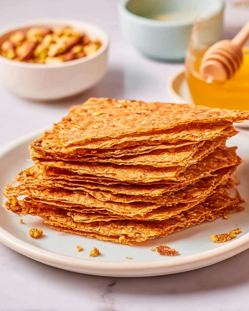 A stack of flat, crispy, golden-brown layers is arranged on a white plate, each layer thin with a crunchy texture showing small bits of nuts or seeds inside. The layers have slightly uneven edges with some crumbs scattered around the plate. In the background, there are two white bowls, one filled with crushed nuts and the other with a golden honey, which has a honey dipper resting in it. All of this is set on a white marbled surface. photo taken with an iphone --ar 4:5 --v 7