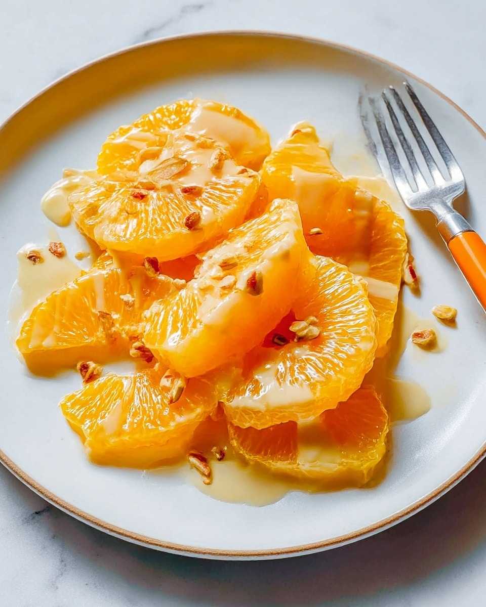 A white plate holds six bright orange-yellow pieces of soft citrus segments stacked loosely, each segment glossy with a light syrup or honey glaze. Drizzled over the segments is a creamy light beige sauce, and scattered small pieces of nuts add texture and color contrast. The plate sits on a white marbled surface, and nearby is a silver fork with an orange handle. photo taken with an iphone --ar 4:5 --v 7