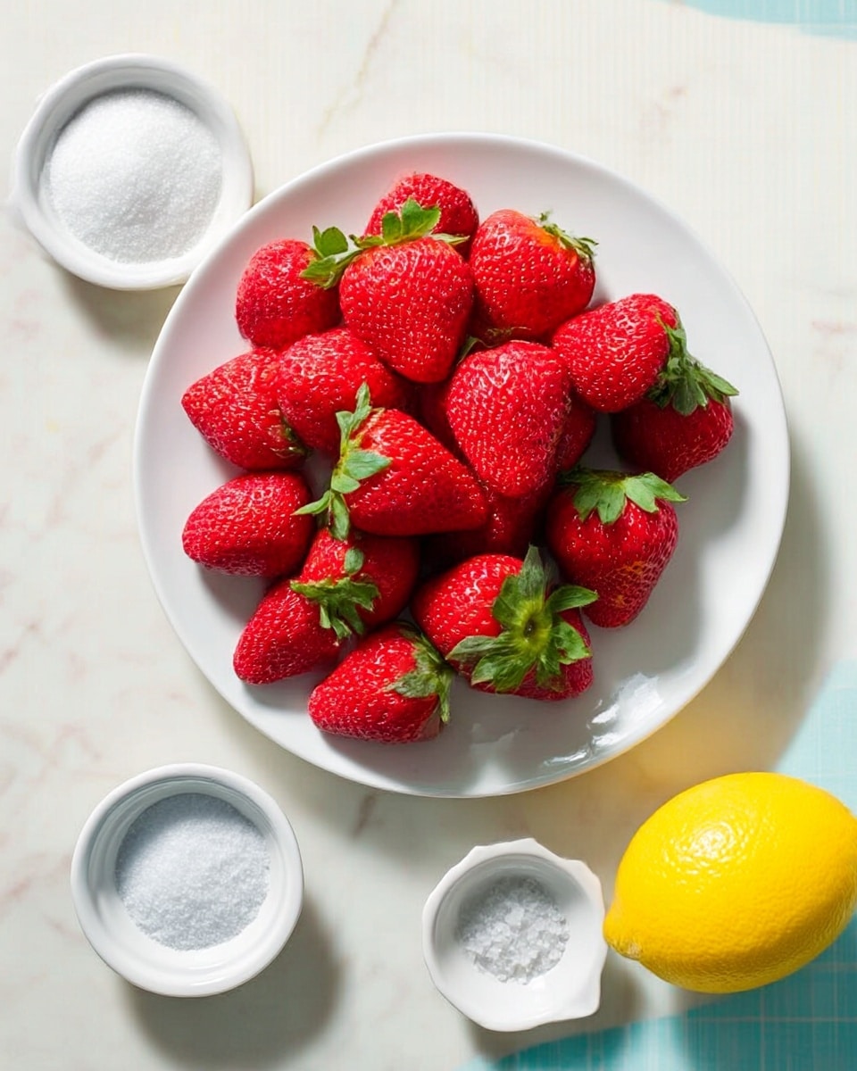 A white round plate filled with bright red strawberries with green leaves on top, placed on a white marbled surface. Next to the plate, there are four small white dishes and a yellow lemon; the top left dish is filled with white granulated sugar, the middle left is filled with a small amount of white coarse salt, and the bottom left is empty. The lemon is bright yellow and shiny. The whole scene has soft natural light, highlighting the fresh colors photo taken with an iphone --ar 4:5 --v 7