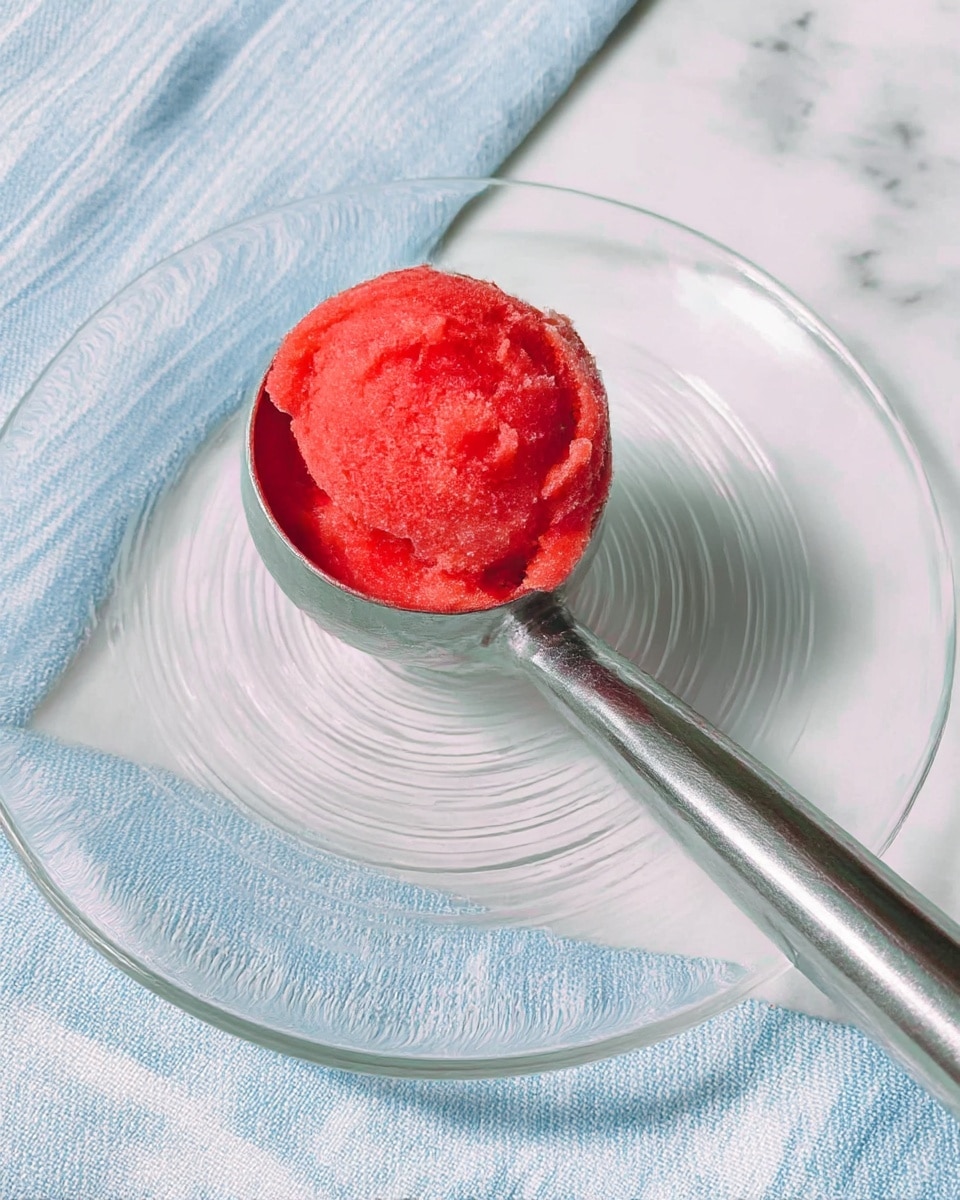 Two bright red scoops of strawberry sorbet sit stacked inside a clear glass dessert bowl, showing a smooth and slightly grainy texture. The bowl is placed on a white tray with a single fresh strawberry next to it, while a silver spoon rests nearby. In the background, there is another glass bowl with red sorbet and a small white bowl filled with whole strawberries. The surface beneath everything is a white marbled texture with a soft striped cloth underneath the tray. photo taken with an iphone --ar 4:5 --v 7